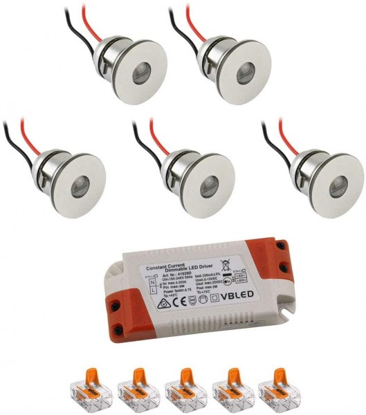 5er-Set 1W Mini LED Einbauspot Einbaustrahler warmweiß mit Netzteil