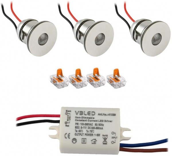 3er-Set 1W Mini LED Einbauspot Einbaustrahler mit Netzteil