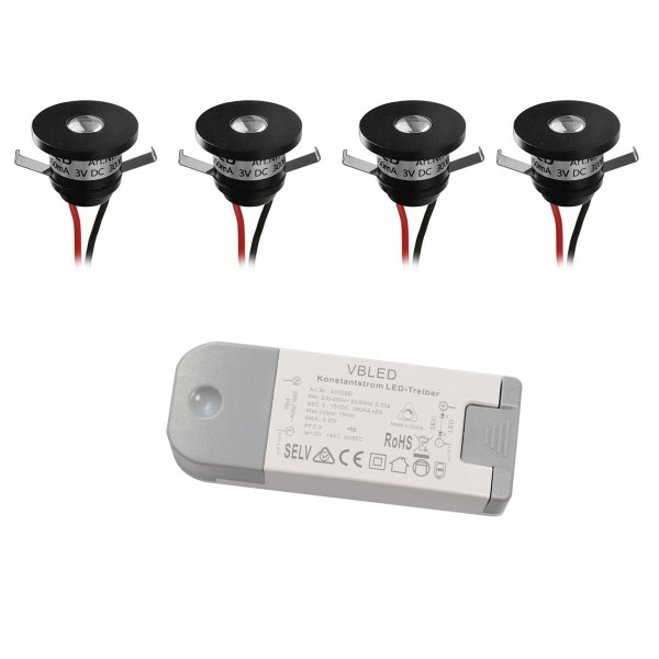 4er-Set LED Aluminium Mini Einbaustrahler 3000K mit dimmbar LED Trafo - Schwarz
