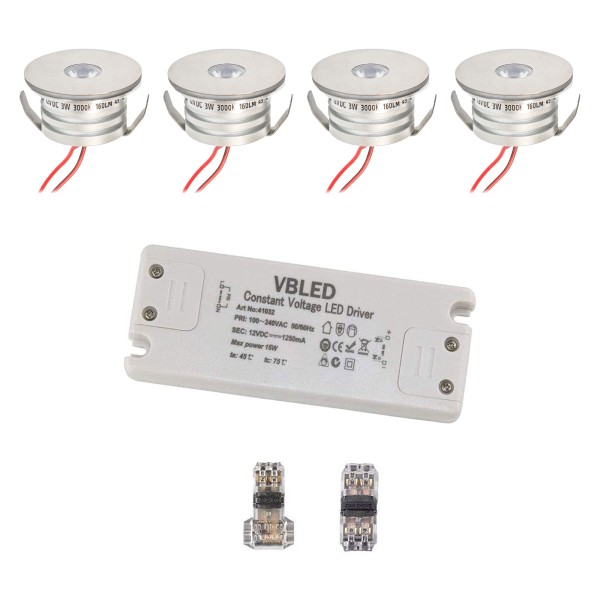 4er Set 3W Mini-Einbauspot Strahler &quot;NOVOS&quot; warmweiß 3000K 12V DC Inkl.LED Trafo