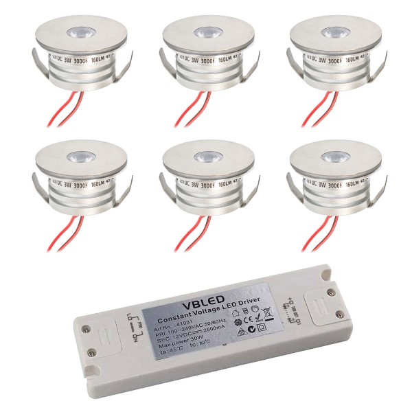 6er Set 3W Mini-Einbauspot Einbaustrahler &quot;NOVOS&quot; warmweiß 3000K 12V DC Inkl.LED Trafo