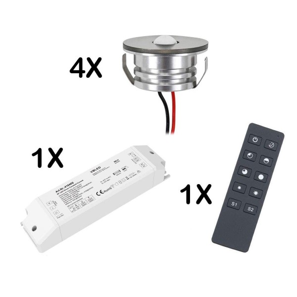 4er Set 3W LED Mini Spot Einbaustrahler warmweiß mit Funk Netzteil