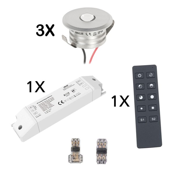 3er Funk Set 3W Mini-Einbauspot warmweiß IP44 12V DC Inkl.LED Trafo und Verbinder