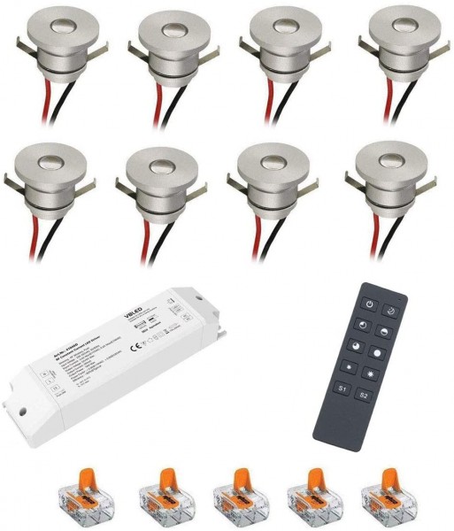 8er Set 1W Aluminium Mini LED Einbaustrahler Spot warmweiß mit RF Funk Netzteil