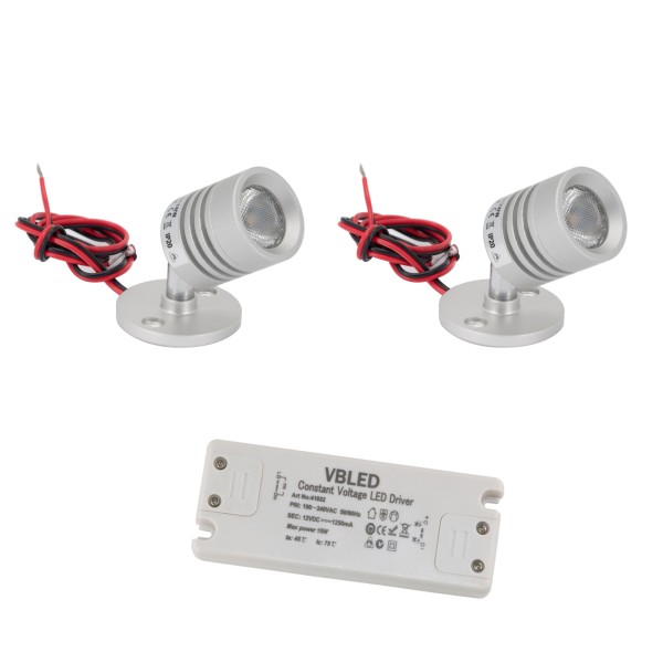 2er SET Mini LED Deckenspot 12VDC 3W 3000K &quot;ESKINAR&quot; schwenkbare mit LED Trafo - silber